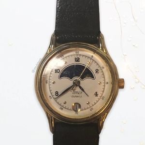 Works! Vintage Timex Ladies Sun & Moon Phase Lunar Dial Calendar Watch